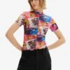 Desigual Ruched Collage Bodysuit - T-Shirt Print - Multicoloured