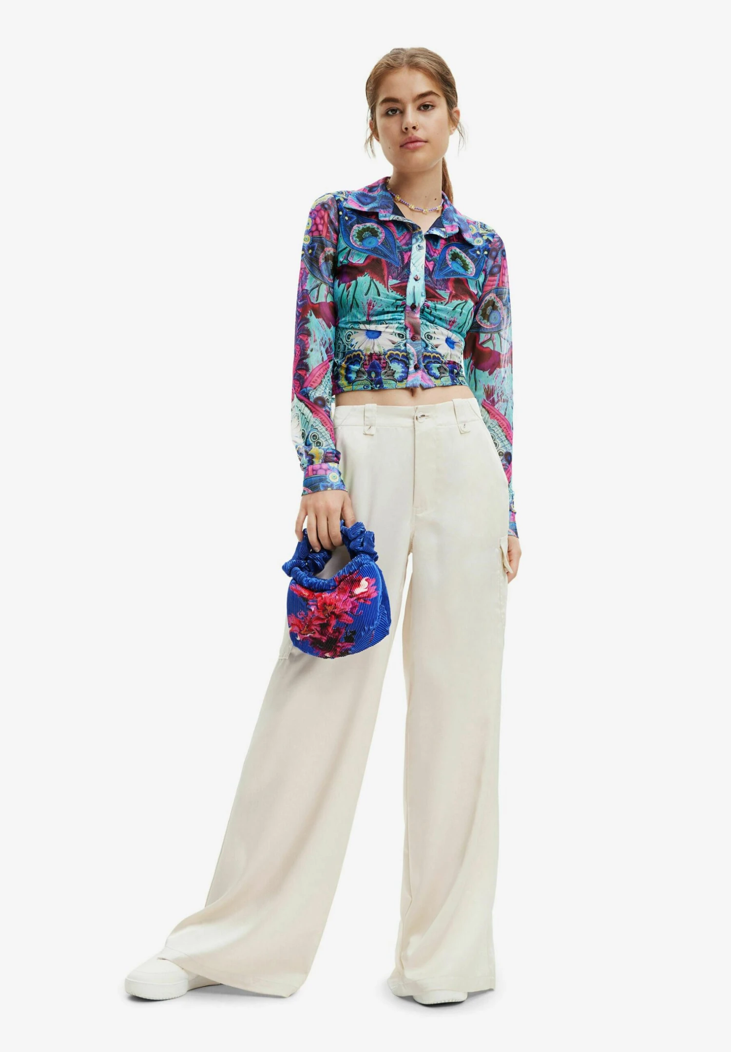 Desigual Wide Leg Satin Cargo - Cargobroek - White 1 Desigual Wide Leg Satin Cargo - Cargobroek - White