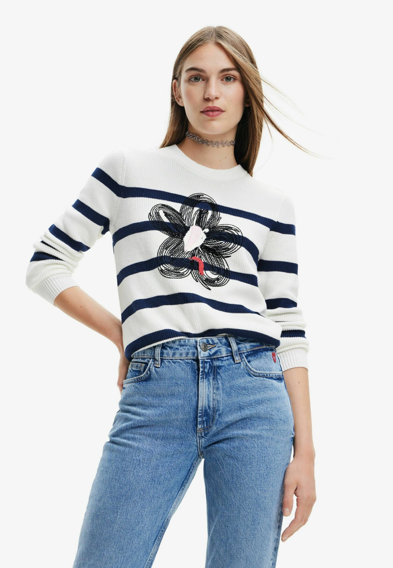 Desigual Striped Flower - Trui - Blue 1 Desigual Striped Flower - Trui - Blue