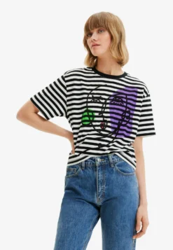 Desigual Striped Arty Face - T-Shirt Print - Black
