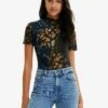 Desigual Textured Animal Print Bodysuit - T-Shirt Print - Beige