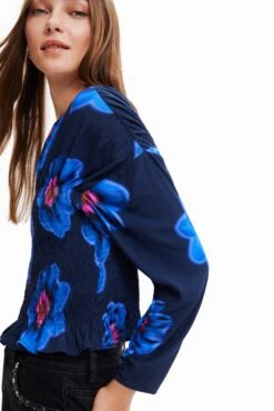 Desigual Floral Ruched Blouse - Blouse - Marino -Desigual 86243bea28e242a9941475698a97e30b