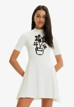 Desigual Plant Skater - Gebreide Jurk - White