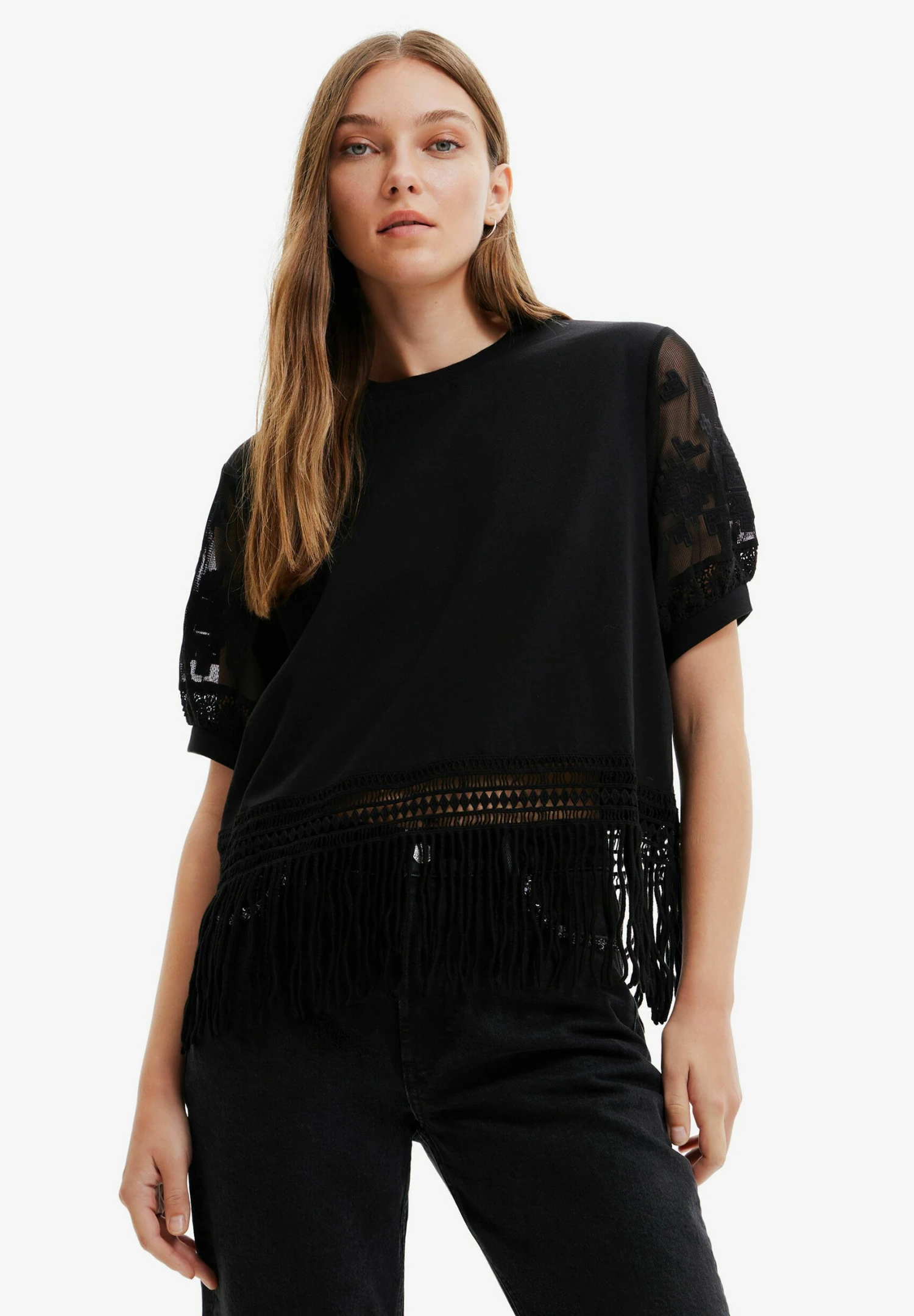 Desigual Long Embroidered Lace Jumpsuit - T-Shirt Print - Black 1 Desigual Long Embroidered Lace Jumpsuit - T-Shirt Print - Black