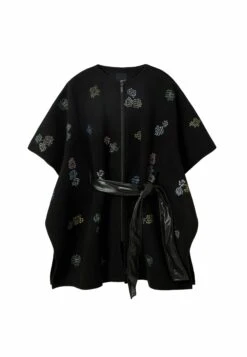 Desigual Embroidered Belted - Poncho - Black -Desigual d2acc32cfaeb475c9342b617b22db45e