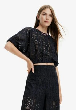 Desigual Puff-Sleeve Lace Blouse - Blouse - Black