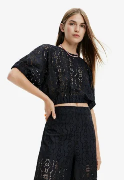 Desigual Puff-Sleeve Lace Blouse - Blouse - Black