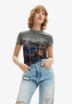 Desigual Tulle Newspaper - T-Shirt Print - Grey