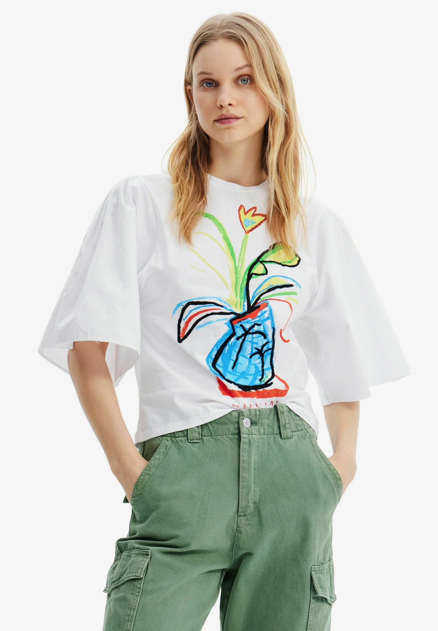 Desigual Poplin Voluminous Sleeve - T-Shirt Print - White 1 Desigual Poplin Voluminous Sleeve - T-Shirt Print - White